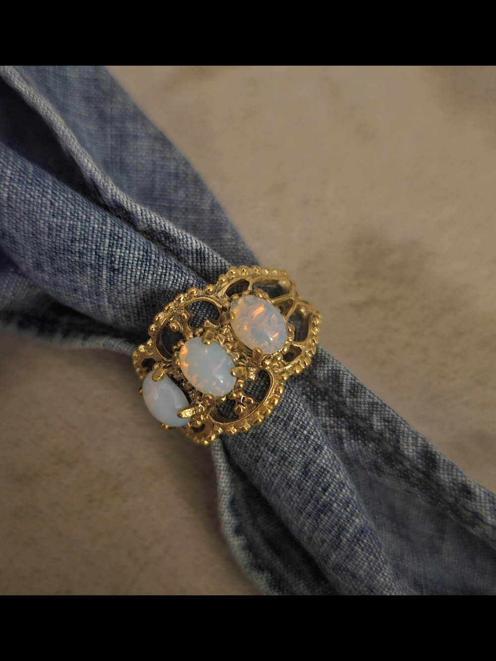 1970s Gold-Plated COSTUME Opal Cabochon Statement Ring OCTOBER Birthstone